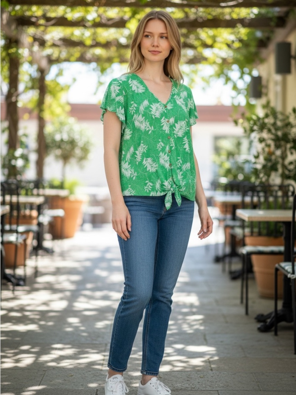 All in Favor Green Palm Tie Front Blouse XL
